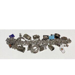 Vintage Sterling Silver Quadriple Link Charm Bracelet 27 Charms